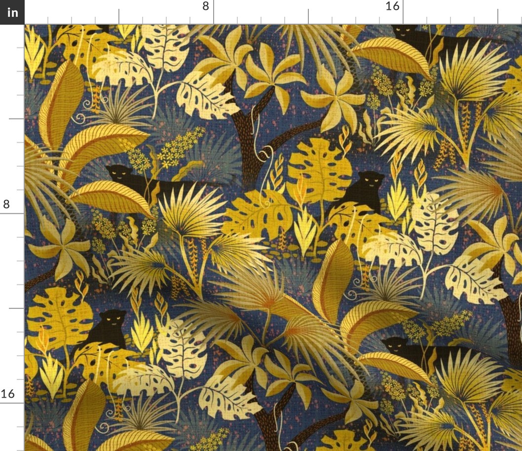 medium -canvas textured Jungle in blue and gold with black panthers -medium scale wallpaper