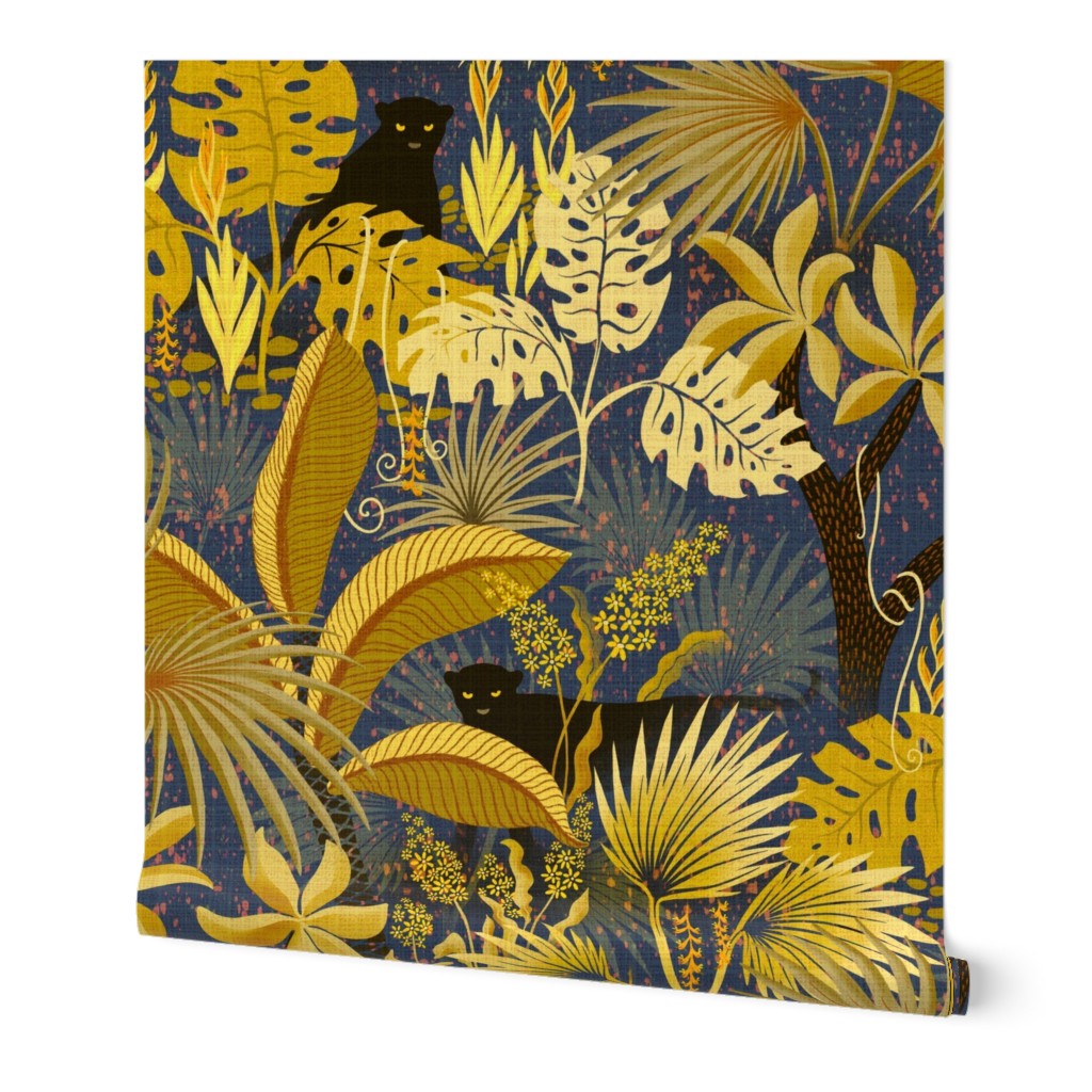 large -canvas textured Jungle in blue and gold with black panthers - large scale wallpaper