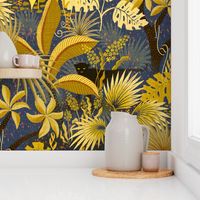 large -canvas textured Jungle in blue and gold with black panthers - large scale wallpaper