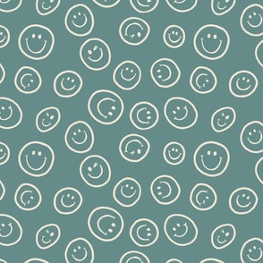 tossed Happy Faces on Blue Green