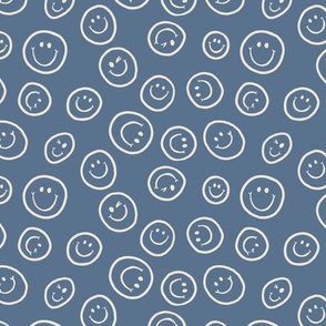 Tossed smiling Happy Faces on Dusty Blue