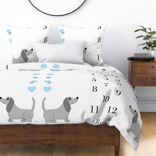 Twin Milestone Baby Boy Blanket Blue Dachshund Puppy Dog 