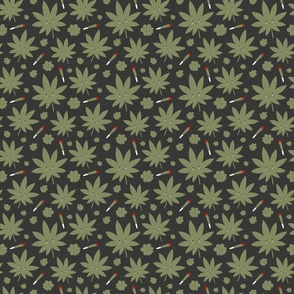 #228 Cute cannabis leaves and joints on green background