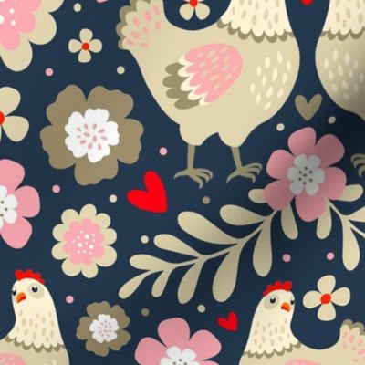Large Scale Pretty Chicken Floral in Tan Ivory Pink Red on Navy