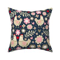 Large Scale Pretty Chicken Floral in Tan Ivory Pink Red on Navy