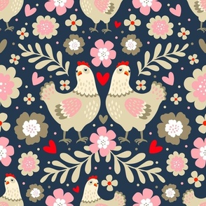 Large Scale Pretty Chicken Floral in Tan Ivory Pink Red on Navy