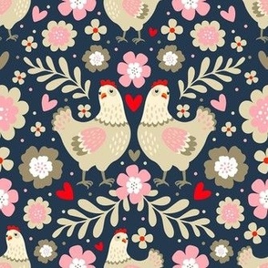 Medium Scale Pretty Chicken Floral in Tan Ivory Pink Red on Navy
