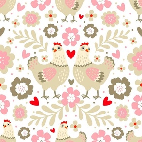 Large Scale Pretty Chicken Floral in Tan Ivory Pink Red on White