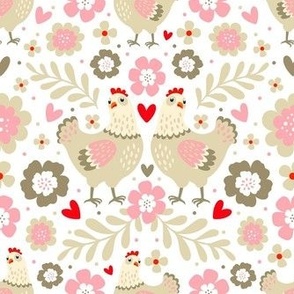Medium Scale Pretty Chicken Floral in Tan Ivory Pink Red on White