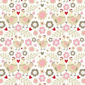 Small Scale Pretty Chicken Floral in Tan Ivory Pink Red on White