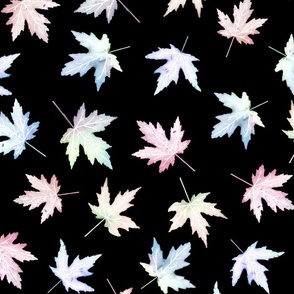 Scattered Maple Leaves Pastel Shades on Black Texture