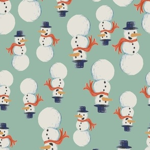 Silly Snowmen Holiday Christmas on Teal Blue