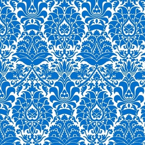 damask with lions, blue on white