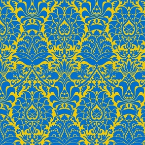 damask with lions, blue on yellow