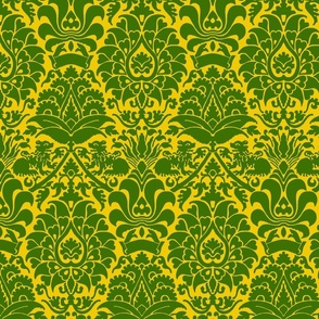 damask with lions, green on yellow