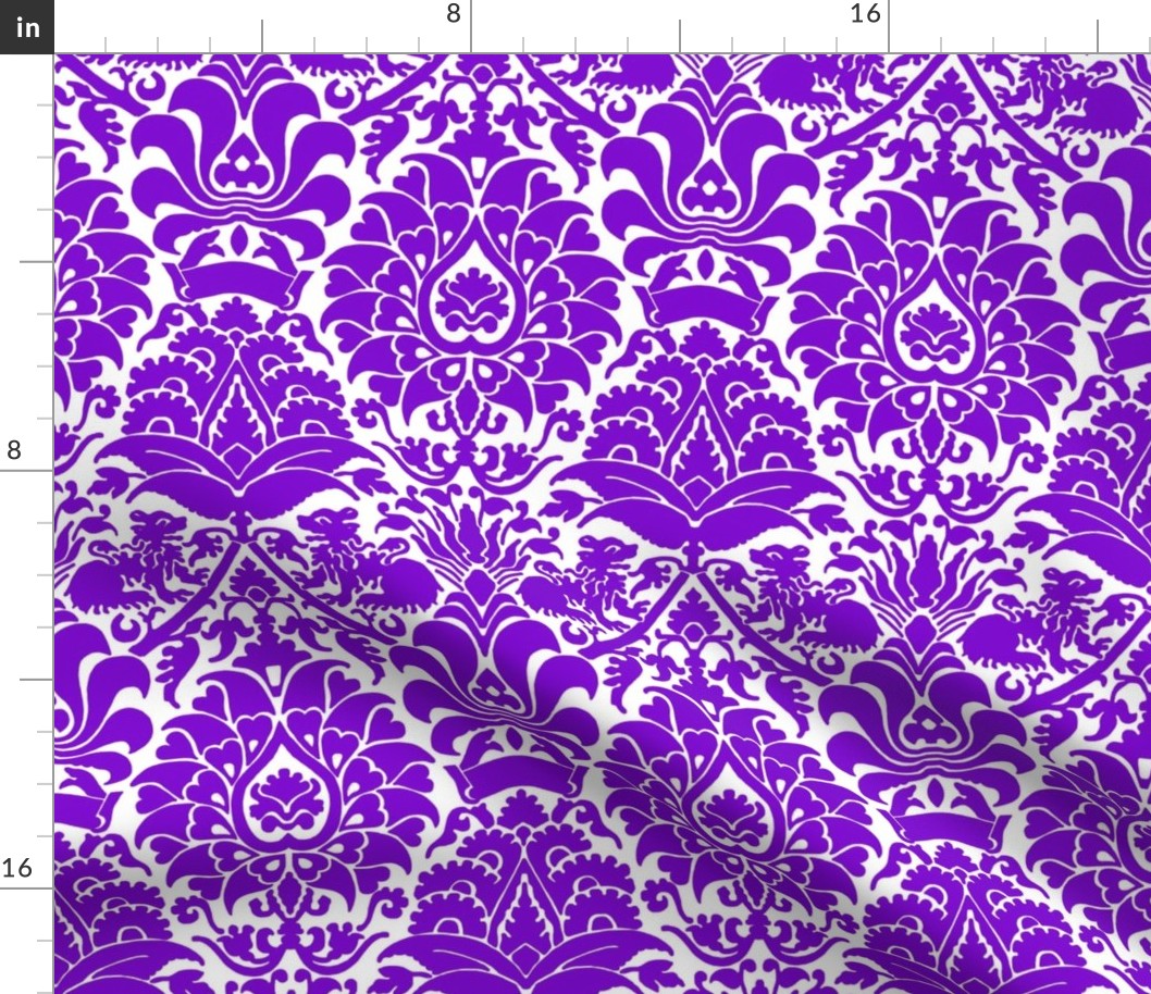 damask with lions, purple on white