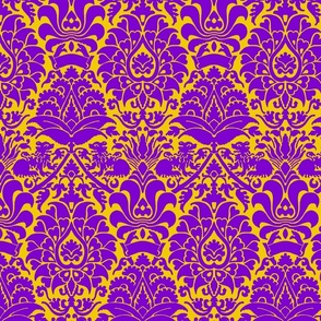 damask with lions, purple on yellow