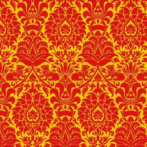 damask with lions, red on yellow