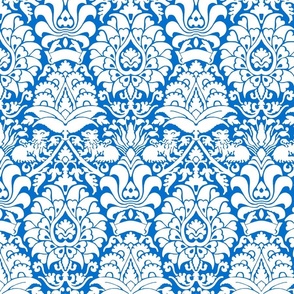damask with lions, white on blue