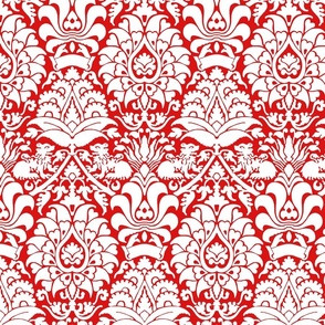 damask with lions, white on red