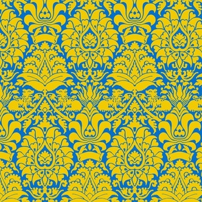 damask with lions, yellow on blue