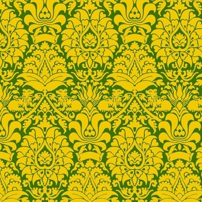 damask with lions, yellow on green