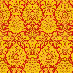 damask with lions, yellow on red
