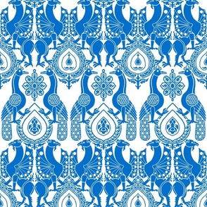peacocks and dragons, blue on white