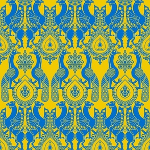peacocks and dragons, blue on yellow