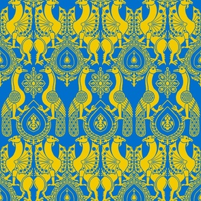 peacocks and dragons, yellow on blue