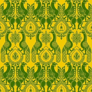 peacocks and dragons, green on yellow