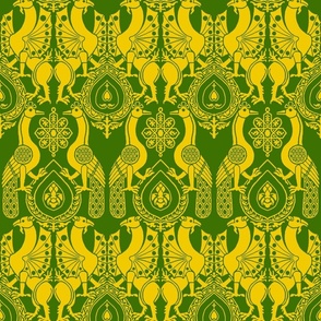 peacocks and dragons, yellow on green