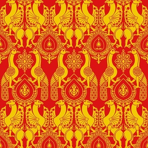 peacocks and dragons, yellow on red
