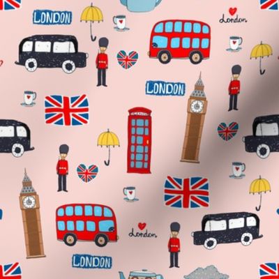 London England Handdrawn Motifs Big Ben, Union Jack, Palace Guard, Teatime, Black Cabs on  Pink