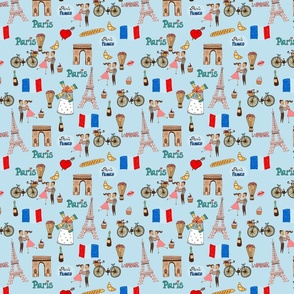 Paris France Handdrawn Motifs Eiffel Tower, Baguettes, Arc de Triomphe, Tricolor on Blue