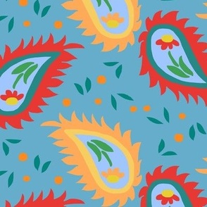  Paisley Daisies with Berries Peach and Scarlet on Sky Blue