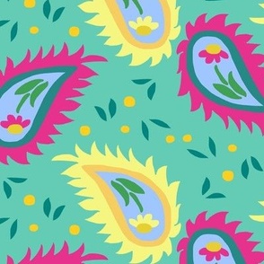  Paisley Daisies with Berries Hot Pink and Lemon Yellow on Mint Green