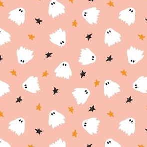 Cute halloween ghosts on pink background with orange & black stars small