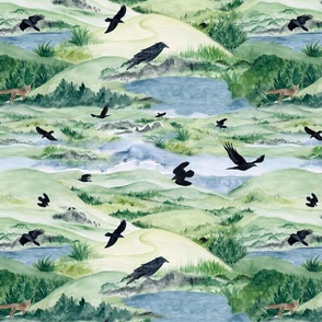 Ravenscape//blue, green, black, raven home decor, raven wallpaper, ravens bags, ravens landscape 