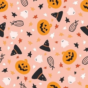 Halloween fun pink, pumpkins, stars, ghosts, witch medium 8x8