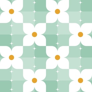 Cheery Checkered Garden / Flowers / Blue Green / Cottagecore / Large