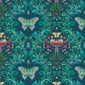 Magic in the jungle at night - dark color themed quirky damask with moths, snakes and mushroom - medium scale