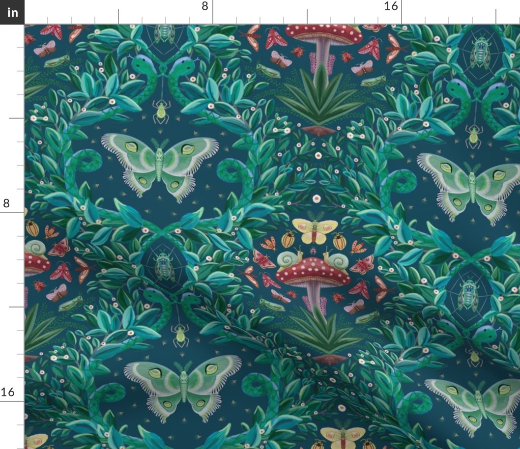 Magic in the jungle at night - dark color themed quirky damask with moths, snakes and mushroom - medium scale