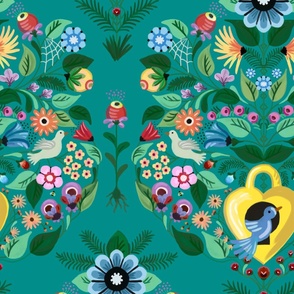 Cheerful pattern of quirky floral damask with cuckoo birds - graphical and colorful - large