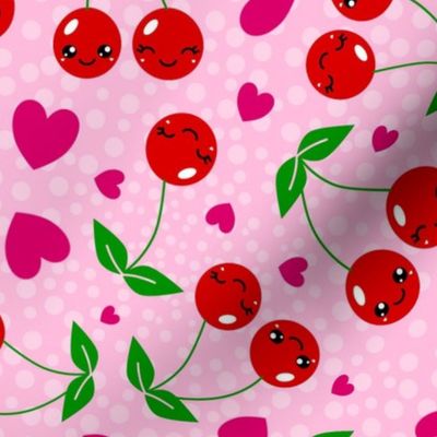 Large Scale Kawaii Face Cherries and Hearts Pink and Red