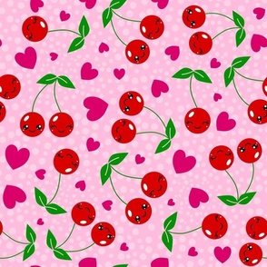 Large Scale Kawaii Face Cherries and Hearts Pink and Red