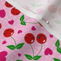 Medium Scale Kawaii Face Cherries and Hearts Pink and Red