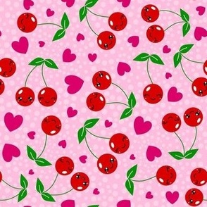 Medium Scale Kawaii Face Cherries and Hearts Pink and Red