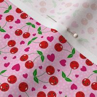 Small Scale Kawaii Face Cherries and Hearts Pink and Red