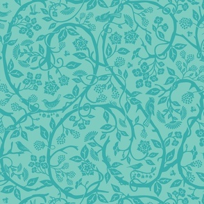 Chinoiserie maximalist tonal  floral pattern  - blue ,aqua , aquamarine  